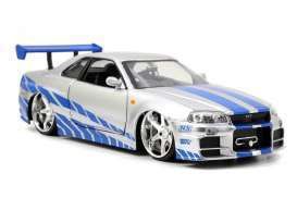 Fast & Furious Diecast Model 1/32 2002 Nissan Skyline GTR R34 *silver/blue* Jada Toys