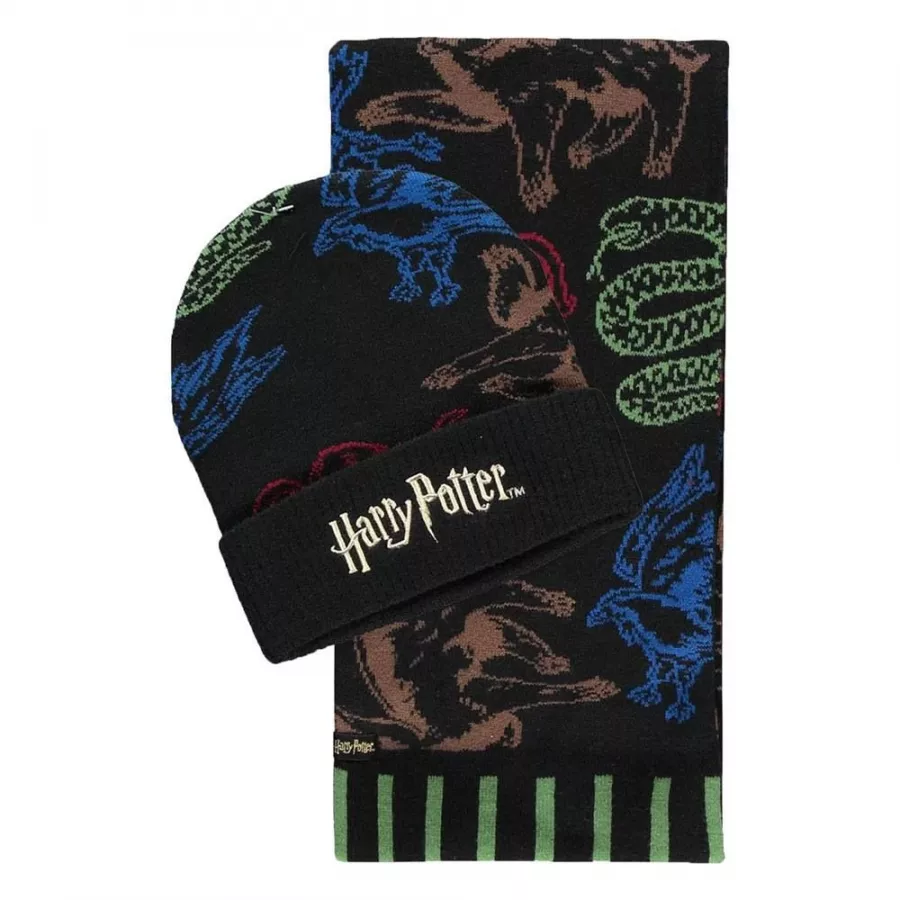 Harry Potter Beanie & Scarf Set Hogwarts Houses Colored Difuzed