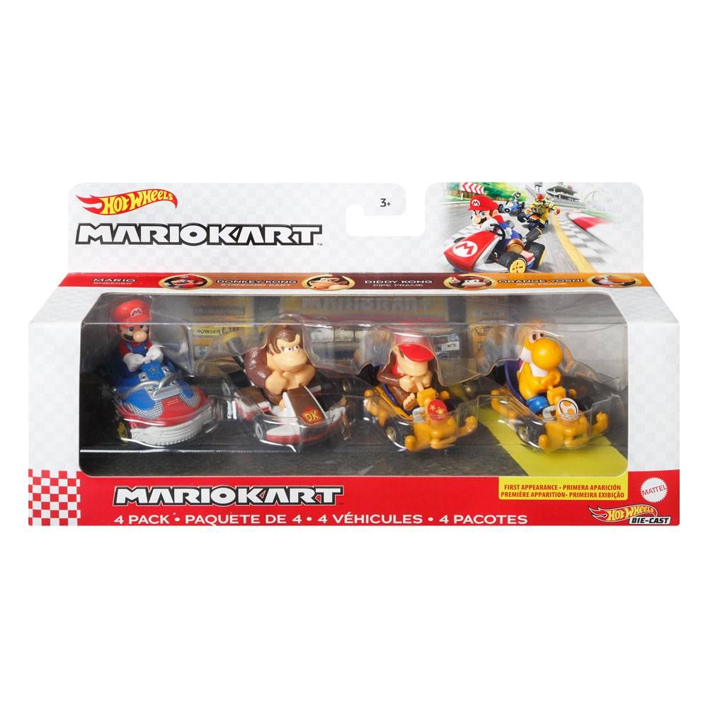 Mario Kart Hot Wheels Diecast Vehicle 4-Pack 1/64 Mario, Donkey Kong, Diddy Kong, Orange Yoshi Mattel Hot Wheels