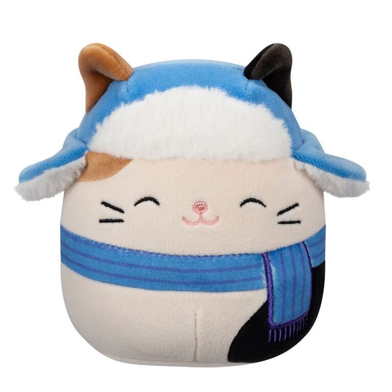 Squishmallows Plush Figure Cam the Brown and Black Calico Cat in Blue Scarf, Hat 12 cm Jazwares
